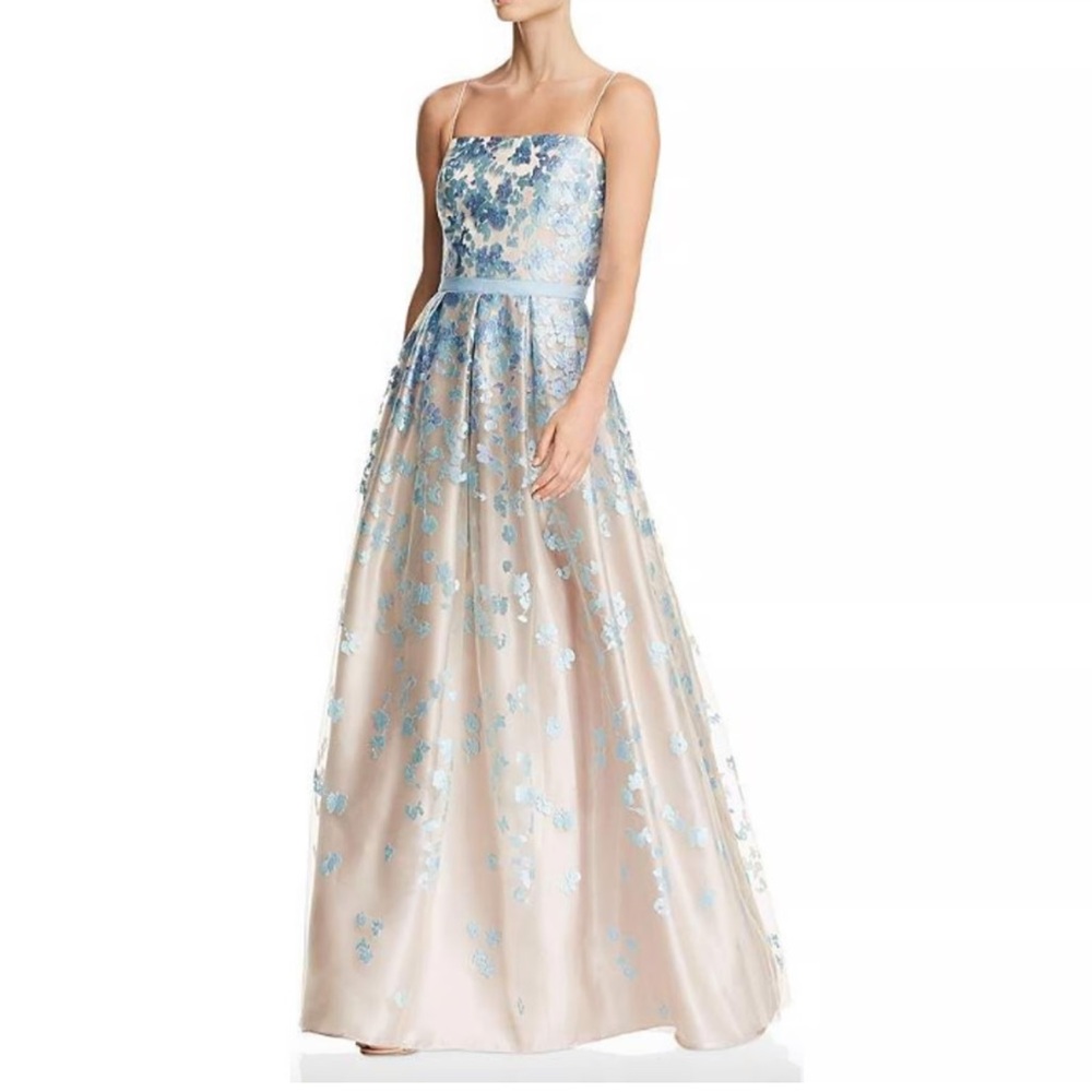 Eliza J Blue Floral Appliqué Spaghetti Strap Ball Gown on Nude Base
